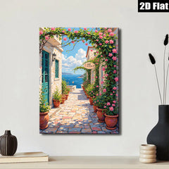 2D flat 1pc Coastal Italian Street View Wall Art Canvas Prints for Living Room Bedroom Home Decor Farmhouse Style Modern Artwork Gallery Wrapped Ready to Hang