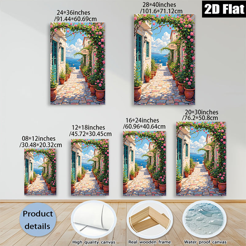 2D flat 1pc Coastal Italian Street View Wall Art Canvas Prints for Living Room Bedroom Home Decor Farmhouse Style Modern Artwork Gallery Wrapped Ready to Hang