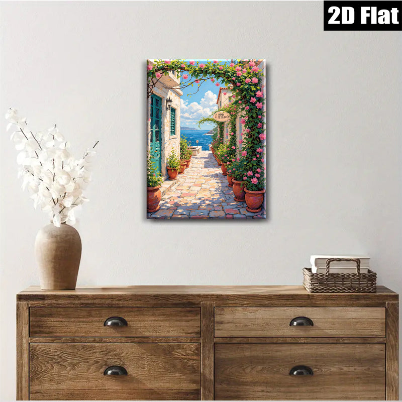 2D flat 1pc Coastal Italian Street View Wall Art Canvas Prints for Living Room Bedroom Home Decor Farmhouse Style Modern Artwork Gallery Wrapped Ready to Hang