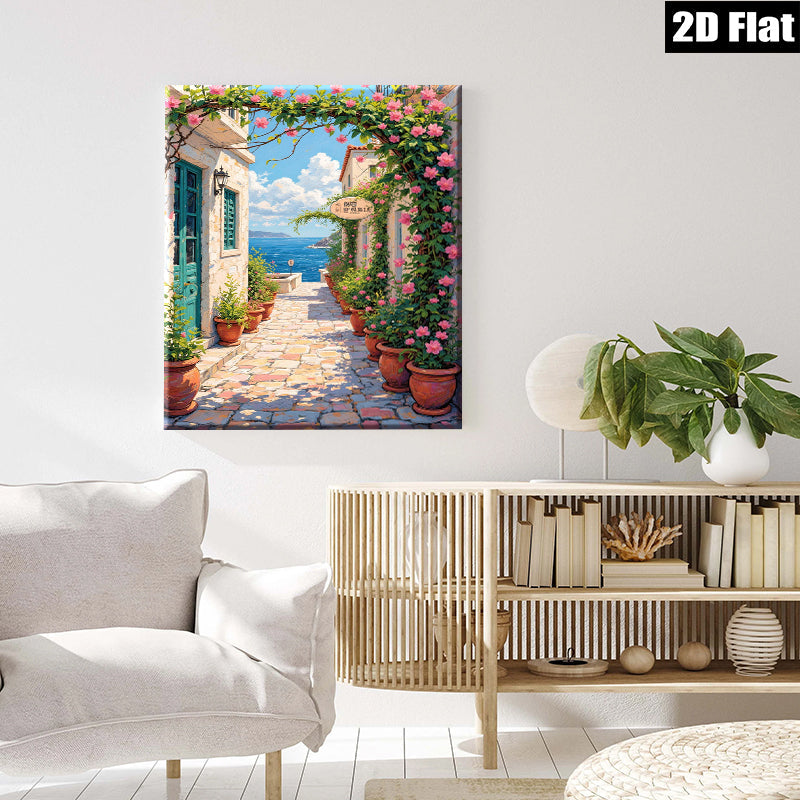 2D flat 1pc Coastal Italian Street View Wall Art Canvas Prints for Living Room Bedroom Home Decor Farmhouse Style Modern Artwork Gallery Wrapped Ready to Hang