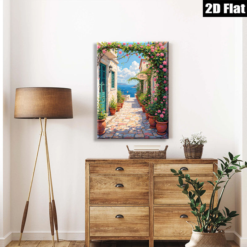 2D flat 1pc Coastal Italian Street View Wall Art Canvas Prints for Living Room Bedroom Home Decor Farmhouse Style Modern Artwork Gallery Wrapped Ready to Hang