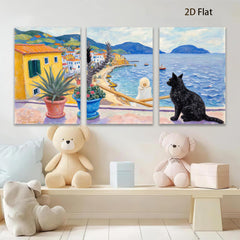 2D flat 1pc Coastal Italian Vista with Black Cat Garden Home Decor Living Room Bedroom Wall Art Canvas Prints Modern Farmhouse Style
