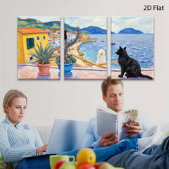 2D flat 1pc Coastal Italian Vista with Black Cat Garden Home Decor Living Room Bedroom Wall Art Canvas Prints Modern Farmhouse Style