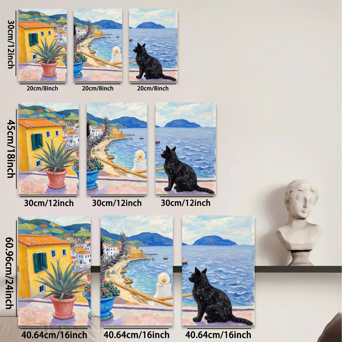 2D flat 1pc Coastal Italian Vista with Black Cat Garden Home Decor Living Room Bedroom Wall Art Canvas Prints Modern Farmhouse Style