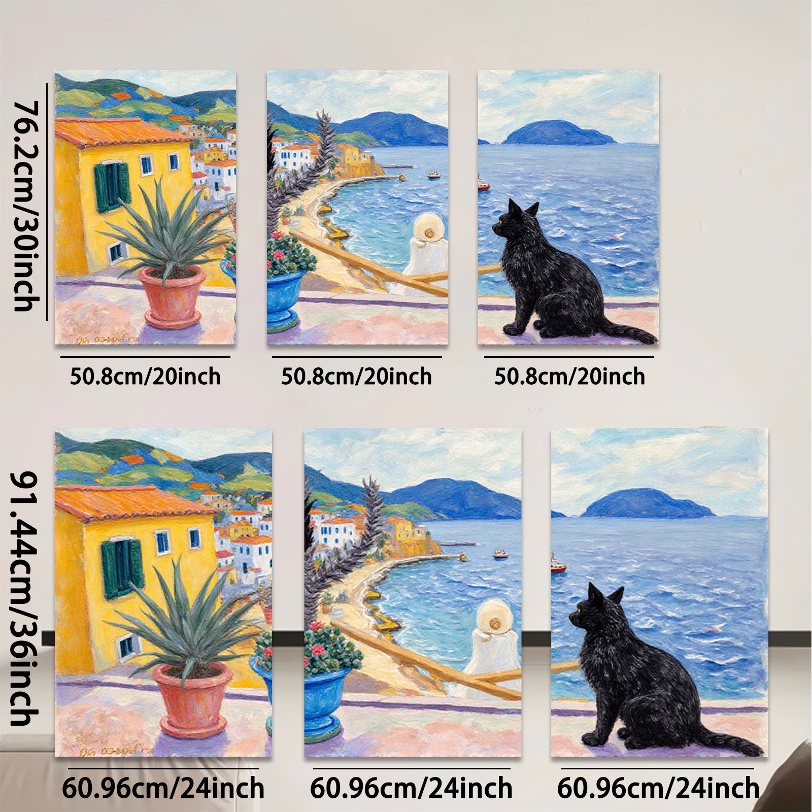 2D flat 1pc Coastal Italian Vista with Black Cat Garden Home Decor Living Room Bedroom Wall Art Canvas Prints Modern Farmhouse Style