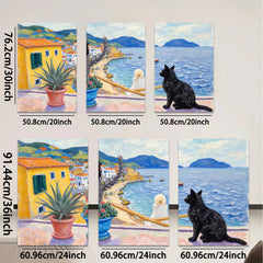 2D flat 1pc Coastal Italian Vista with Black Cat Garden Home Decor Living Room Bedroom Wall Art Canvas Prints Modern Farmhouse Style