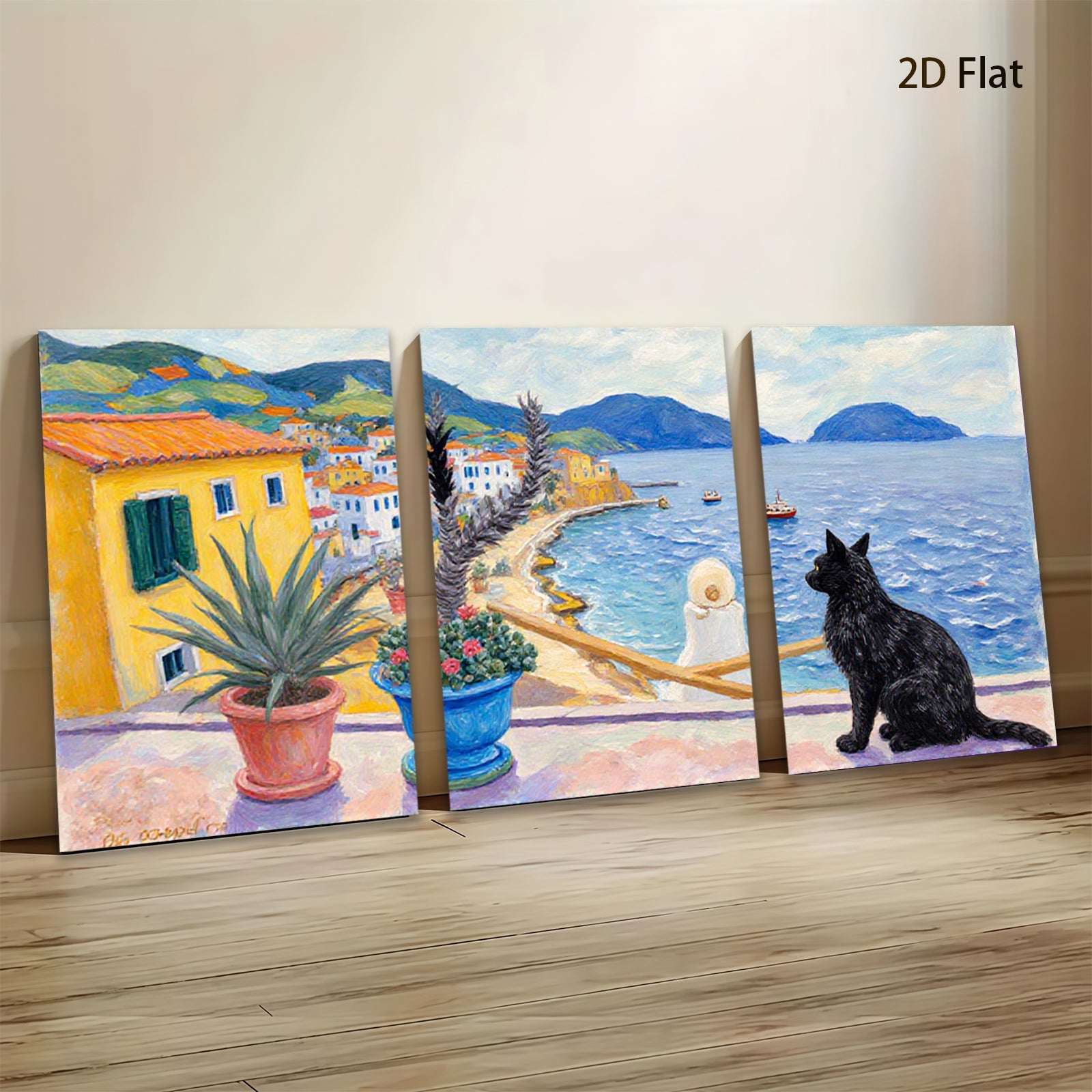 2D flat 1pc Coastal Italian Vista with Black Cat Garden Home Decor Living Room Bedroom Wall Art Canvas Prints Modern Farmhouse Style