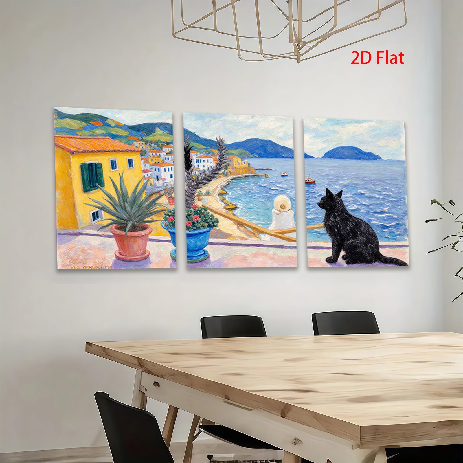 2D flat 1pc Coastal Italian Vista with Black Cat Garden Home Decor Living Room Bedroom Wall Art Canvas Prints Modern Farmhouse Style