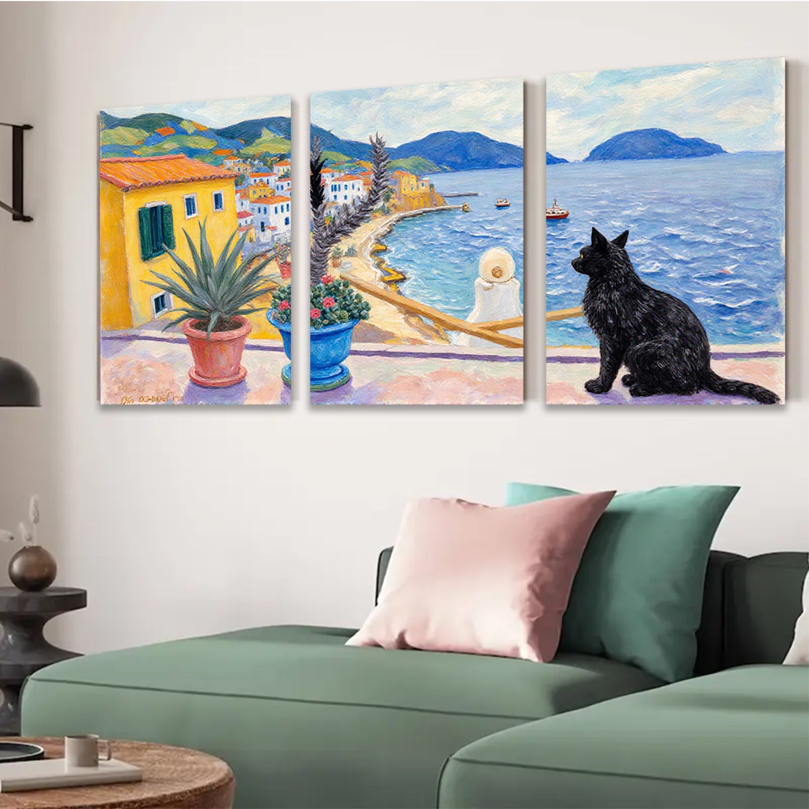 2D flat 1pc Coastal Italian Vista with Black Cat Garden Home Decor Living Room Bedroom Wall Art Canvas Prints Modern Farmhouse Style
