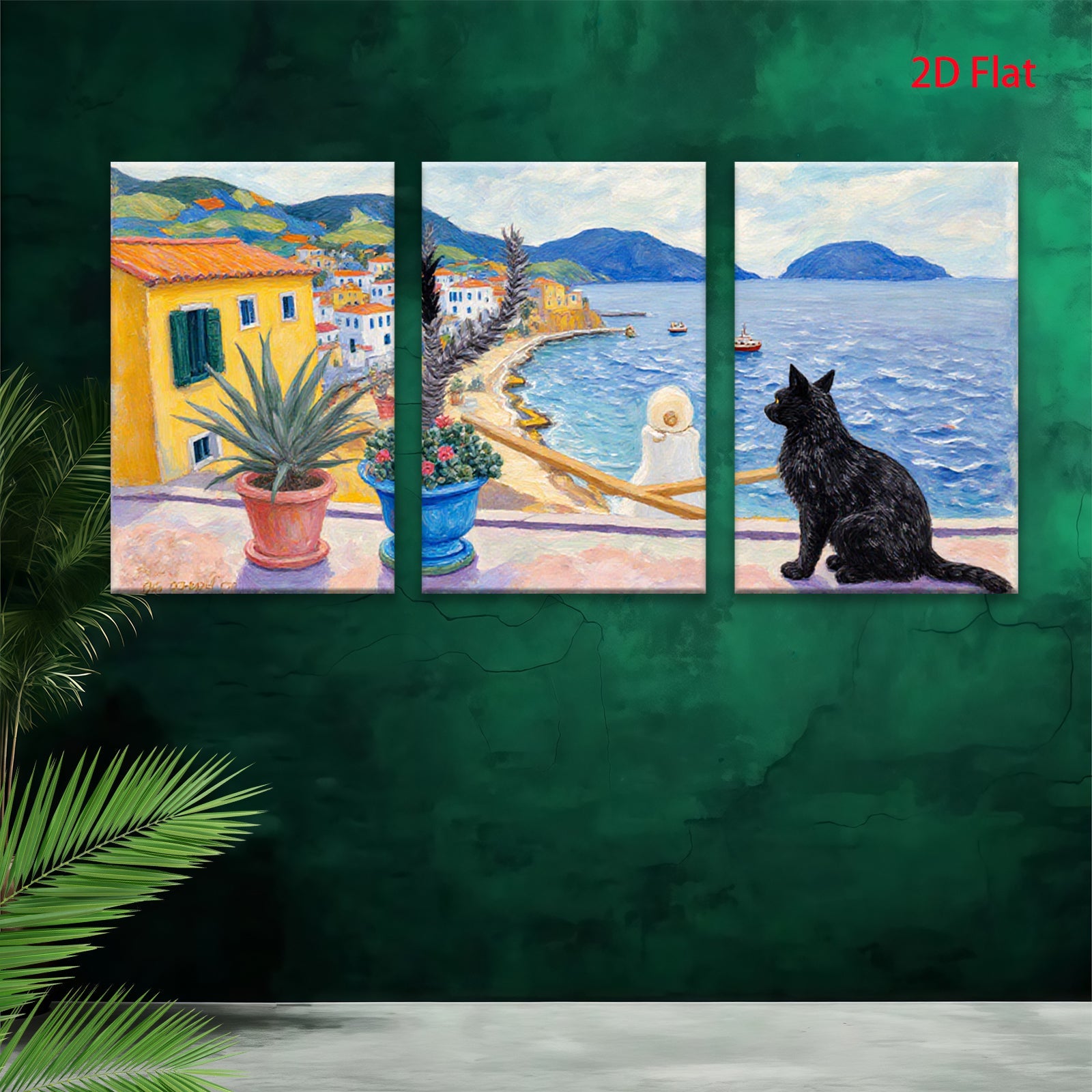 2D flat 1pc Coastal Italian Vista with Black Cat Garden Home Decor Living Room Bedroom Wall Art Canvas Prints Modern Farmhouse Style