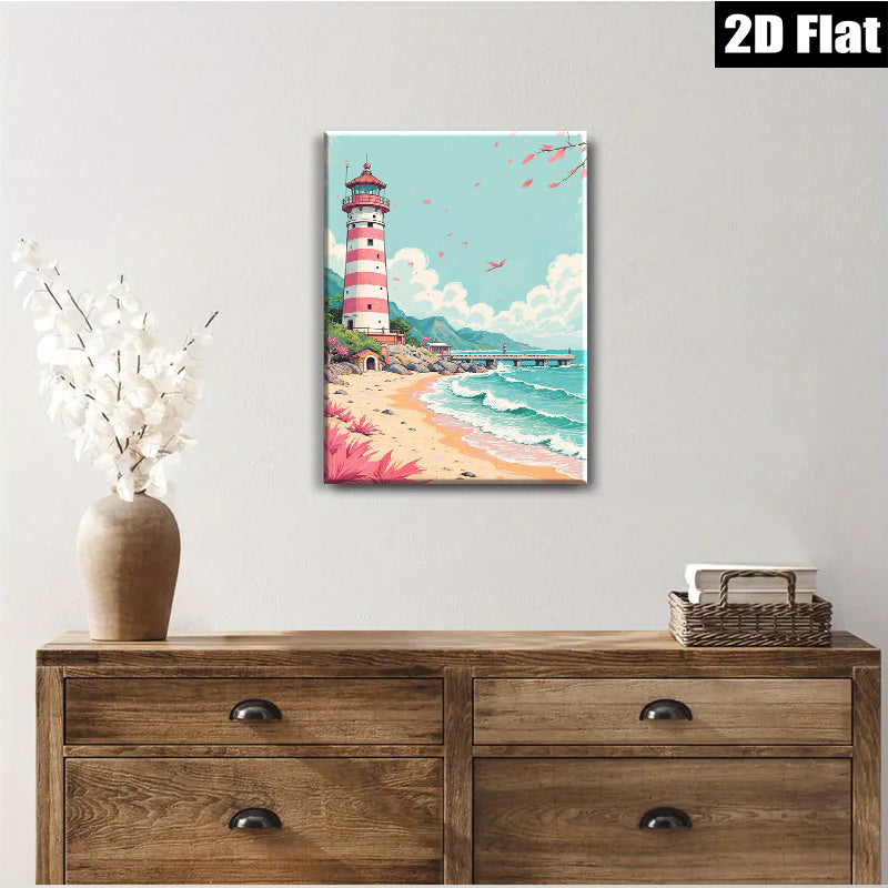 2D flat 1pc Coastal Lighthouse Beach Scene Wall Art Prints For Living Room Bedroom Home Decor Farmhouse Style Canvas Painting Modern Artwork