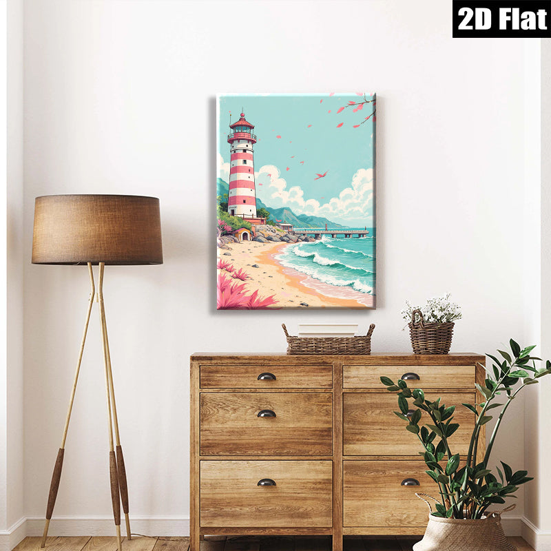 2D flat 1pc Coastal Lighthouse Beach Scene Wall Art Prints For Living Room Bedroom Home Decor Farmhouse Style Canvas Painting Modern Artwork