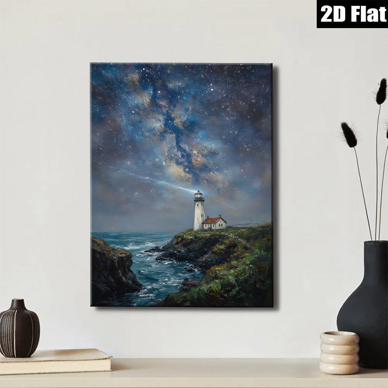 2D flat 1pc Coastal Lighthouse Night Sky Ocean Wave Painting Wall Art Decor for Living Room Bedroom Home Office Canvas Prints Modern Farmhouse Style