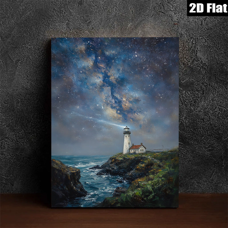 2D flat 1pc Coastal Lighthouse Night Sky Ocean Wave Painting Wall Art Decor for Living Room Bedroom Home Office Canvas Prints Modern Farmhouse Style