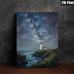 2D flat 1pc Coastal Lighthouse Night Sky Ocean Wave Painting Wall Art Decor for Living Room Bedroom Home Office Canvas Prints Modern Farmhouse Style