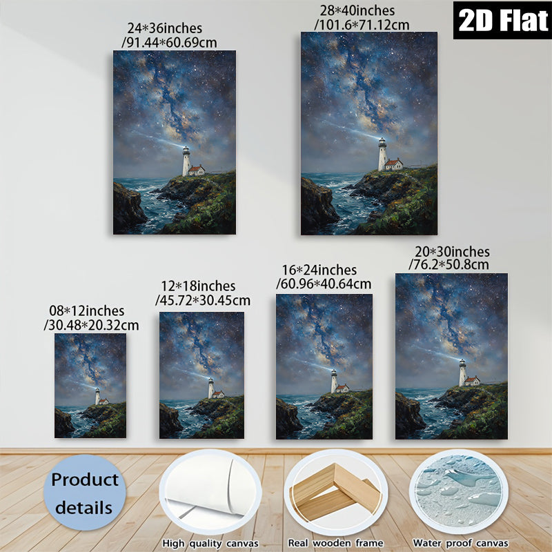 2D flat 1pc Coastal Lighthouse Night Sky Ocean Wave Painting Wall Art Decor for Living Room Bedroom Home Office Canvas Prints Modern Farmhouse Style