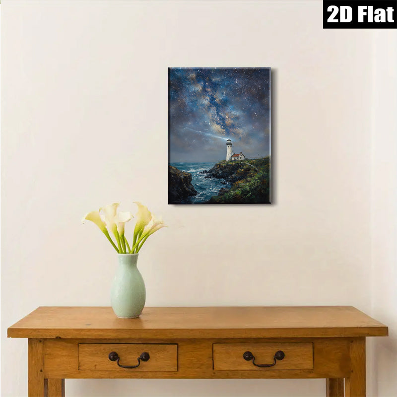 2D flat 1pc Coastal Lighthouse Night Sky Ocean Wave Painting Wall Art Decor for Living Room Bedroom Home Office Canvas Prints Modern Farmhouse Style