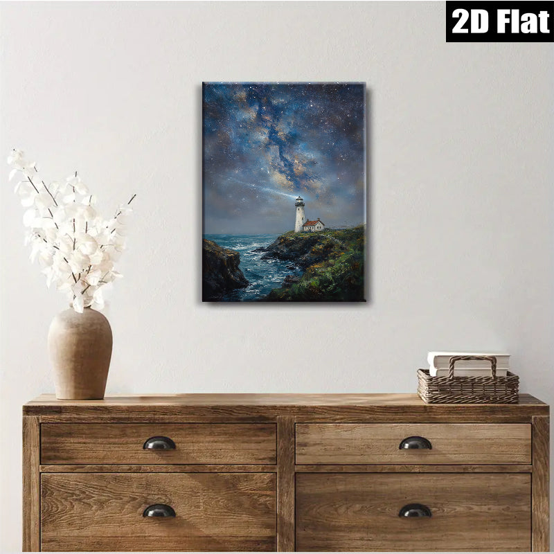 2D flat 1pc Coastal Lighthouse Night Sky Ocean Wave Painting Wall Art Decor for Living Room Bedroom Home Office Canvas Prints Modern Farmhouse Style