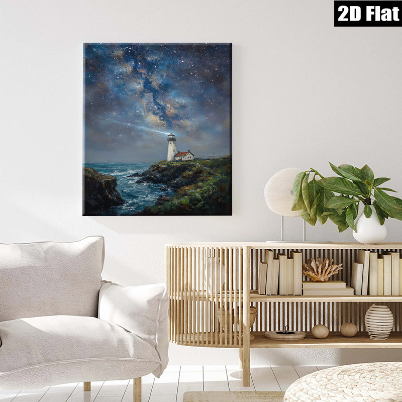 2D flat 1pc Coastal Lighthouse Night Sky Ocean Wave Painting Wall Art Decor for Living Room Bedroom Home Office Canvas Prints Modern Farmhouse Style