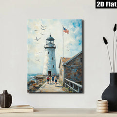 2D flat 1pc Coastal Lighthouse Scene Beach Walk Family Art Wall Decor Living Room Bedroom Gallery Wrapped Canvas Prints Modern Farmhouse Style