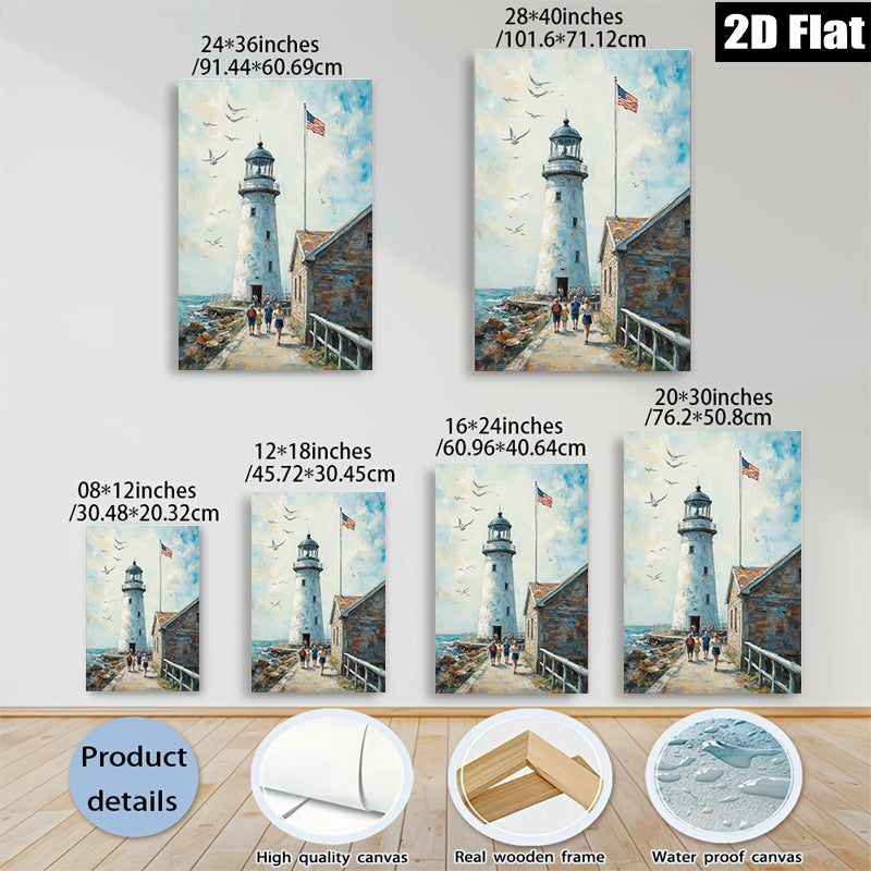 2D flat 1pc Coastal Lighthouse Scene Beach Walk Family Art Wall Decor Living Room Bedroom Gallery Wrapped Canvas Prints Modern Farmhouse Style