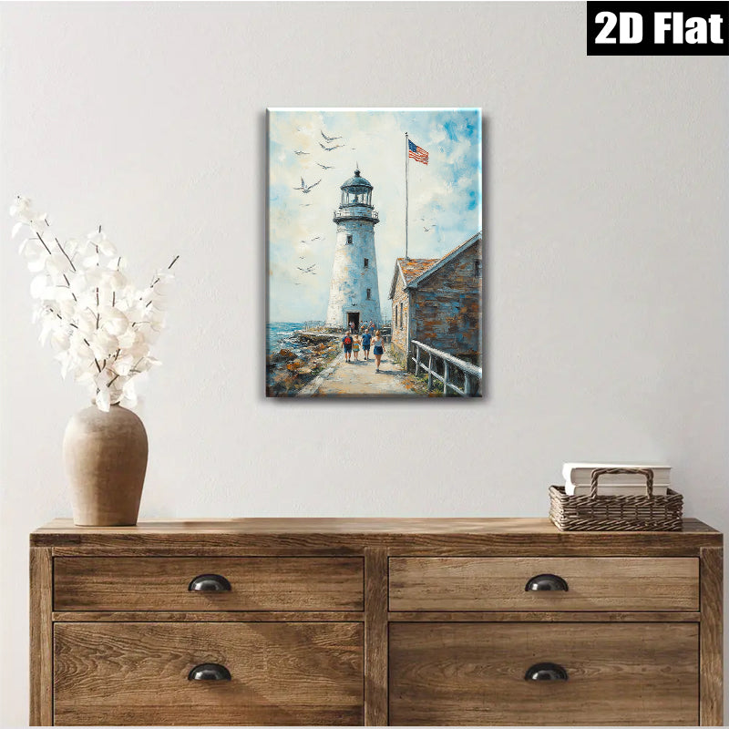 2D flat 1pc Coastal Lighthouse Scene Beach Walk Family Art Wall Decor Living Room Bedroom Gallery Wrapped Canvas Prints Modern Farmhouse Style