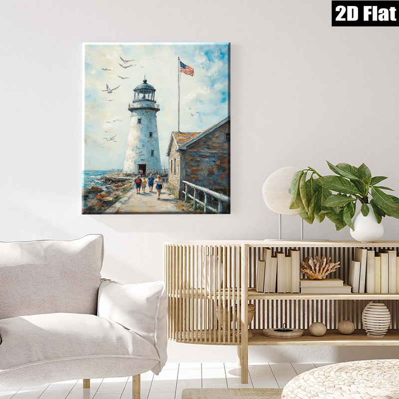 2D flat 1pc Coastal Lighthouse Scene Beach Walk Family Art Wall Decor Living Room Bedroom Gallery Wrapped Canvas Prints Modern Farmhouse Style