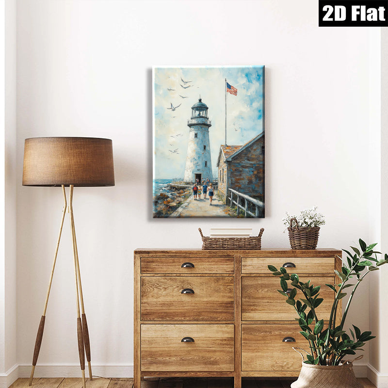 2D flat 1pc Coastal Lighthouse Scene Beach Walk Family Art Wall Decor Living Room Bedroom Gallery Wrapped Canvas Prints Modern Farmhouse Style