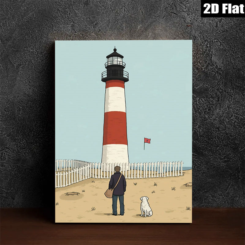 2D flat 1pc Coastal Lighthouse Scene with Dog Beach Wall Art Living Room Bedroom Decor Farmhouse Style Canvas Prints Modern Artwork for Home Office Gallery Wrapped Ready to Hang