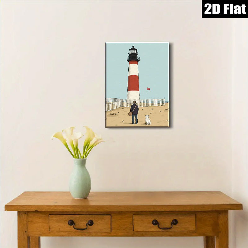 2D flat 1pc Coastal Lighthouse Scene with Dog Beach Wall Art Living Room Bedroom Decor Farmhouse Style Canvas Prints Modern Artwork for Home Office Gallery Wrapped Ready to Hang