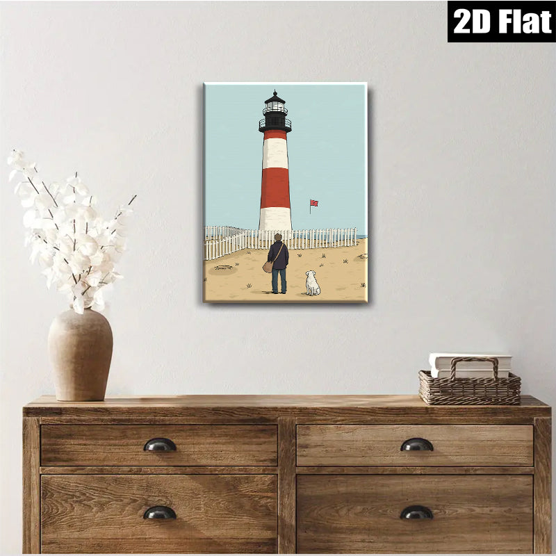 2D flat 1pc Coastal Lighthouse Scene with Dog Beach Wall Art Living Room Bedroom Decor Farmhouse Style Canvas Prints Modern Artwork for Home Office Gallery Wrapped Ready to Hang