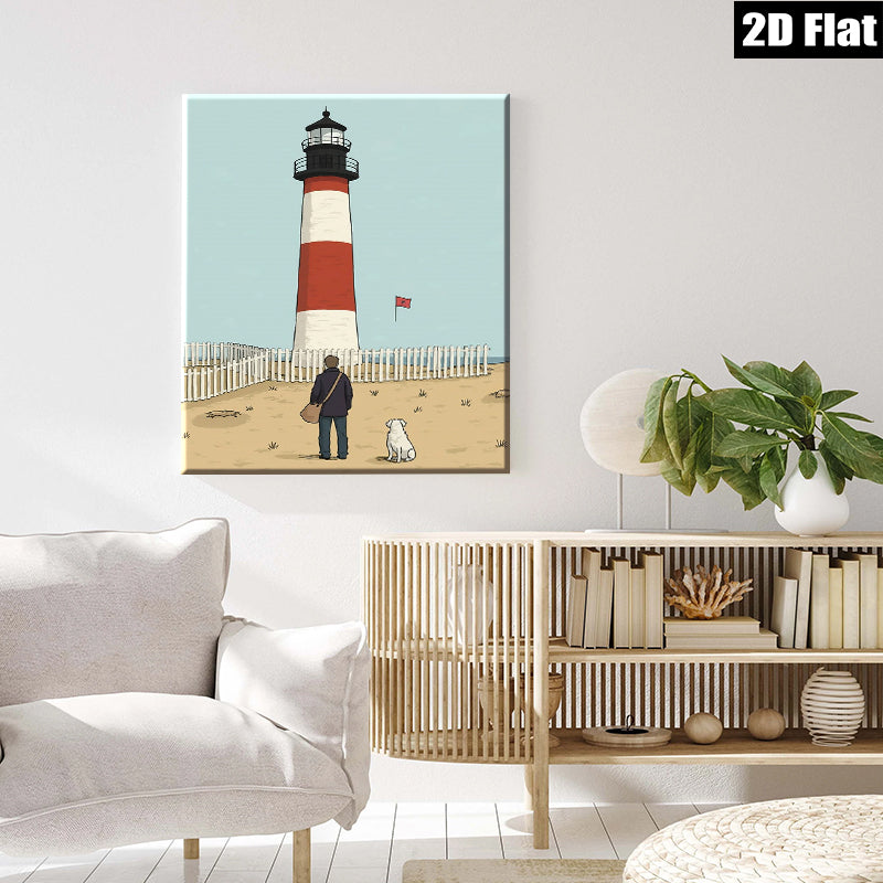 2D flat 1pc Coastal Lighthouse Scene with Dog Beach Wall Art Living Room Bedroom Decor Farmhouse Style Canvas Prints Modern Artwork for Home Office Gallery Wrapped Ready to Hang