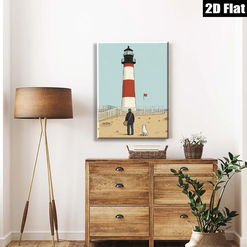 2D flat 1pc Coastal Lighthouse Scene with Dog Beach Wall Art Living Room Bedroom Decor Farmhouse Style Canvas Prints Modern Artwork for Home Office Gallery Wrapped Ready to Hang