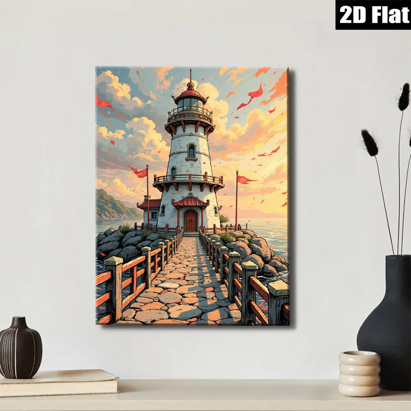 2D flat 1pc Coastal Lighthouse Serenity Ocean View Wall Art Decor for Living Room Bedroom Home Office Gallery Wrapped Canvas Prints Modern Farmhouse Aesthetic