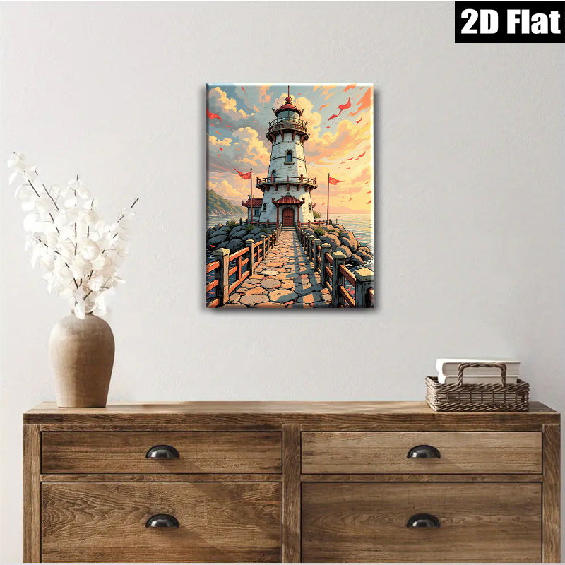 2D flat 1pc Coastal Lighthouse Serenity Ocean View Wall Art Decor for Living Room Bedroom Home Office Gallery Wrapped Canvas Prints Modern Farmhouse Aesthetic