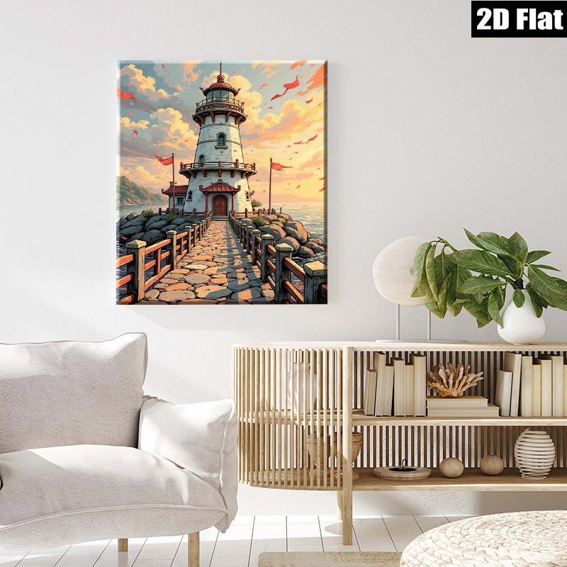 2D flat 1pc Coastal Lighthouse Serenity Ocean View Wall Art Decor for Living Room Bedroom Home Office Gallery Wrapped Canvas Prints Modern Farmhouse Aesthetic