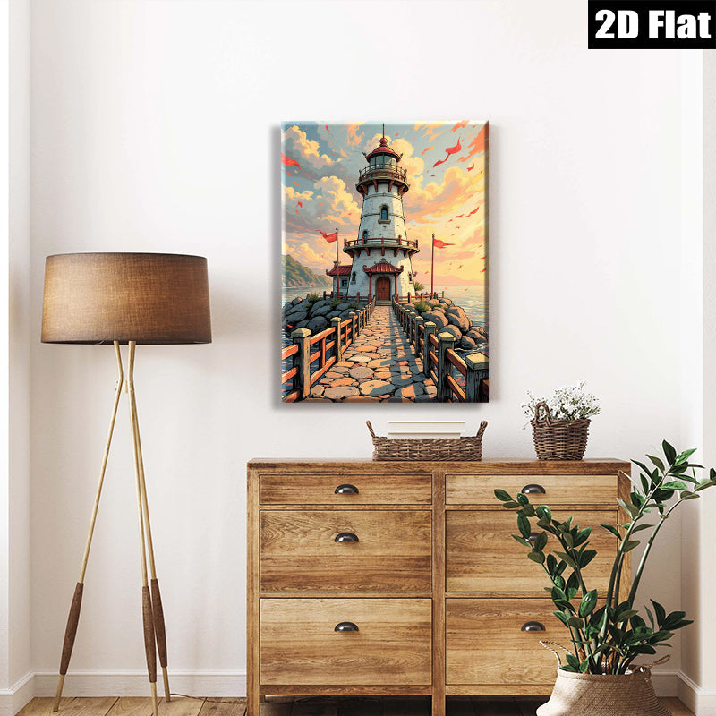 2D flat 1pc Coastal Lighthouse Serenity Ocean View Wall Art Decor for Living Room Bedroom Home Office Gallery Wrapped Canvas Prints Modern Farmhouse Aesthetic