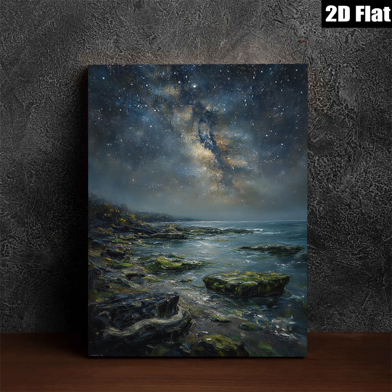 2D flat 1pc Coastal Nightscape Starry Ocean View Wall Art Canvas Prints for Living Room Bedroom Home Decor Modern Farmhouse Style Gallery Wrapped Ready to Hang