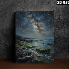2D flat 1pc Coastal Nightscape Starry Ocean View Wall Art Canvas Prints for Living Room Bedroom Home Decor Modern Farmhouse Style Gallery Wrapped Ready to Hang