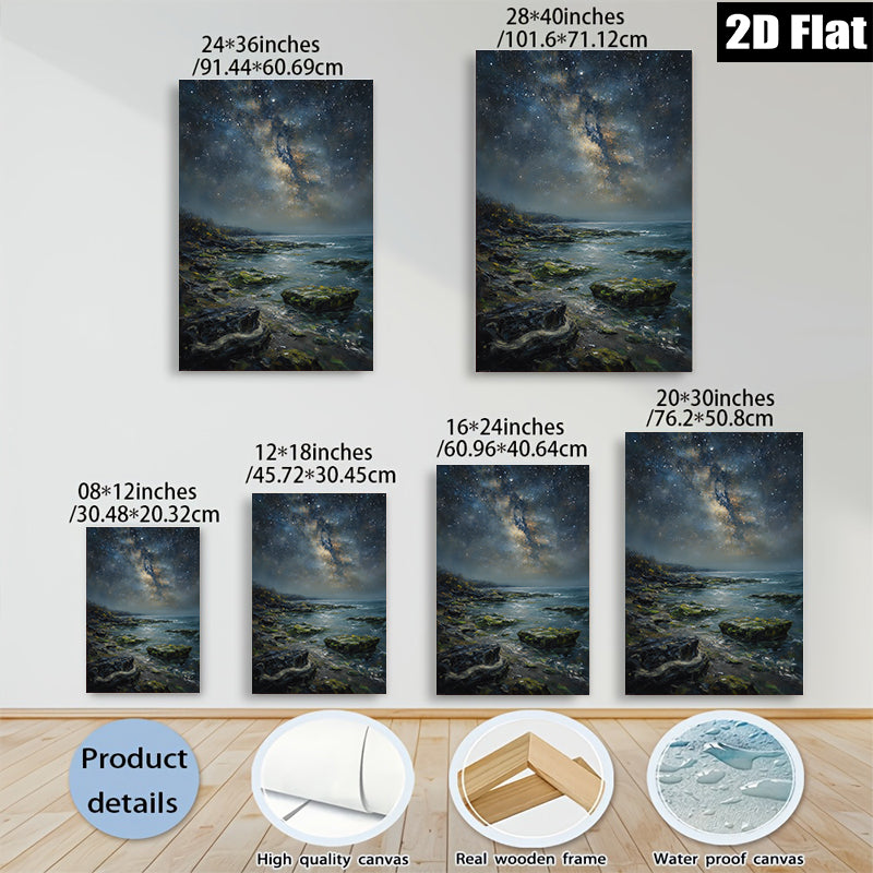 2D flat 1pc Coastal Nightscape Starry Ocean View Wall Art Canvas Prints for Living Room Bedroom Home Decor Modern Farmhouse Style Gallery Wrapped Ready to Hang