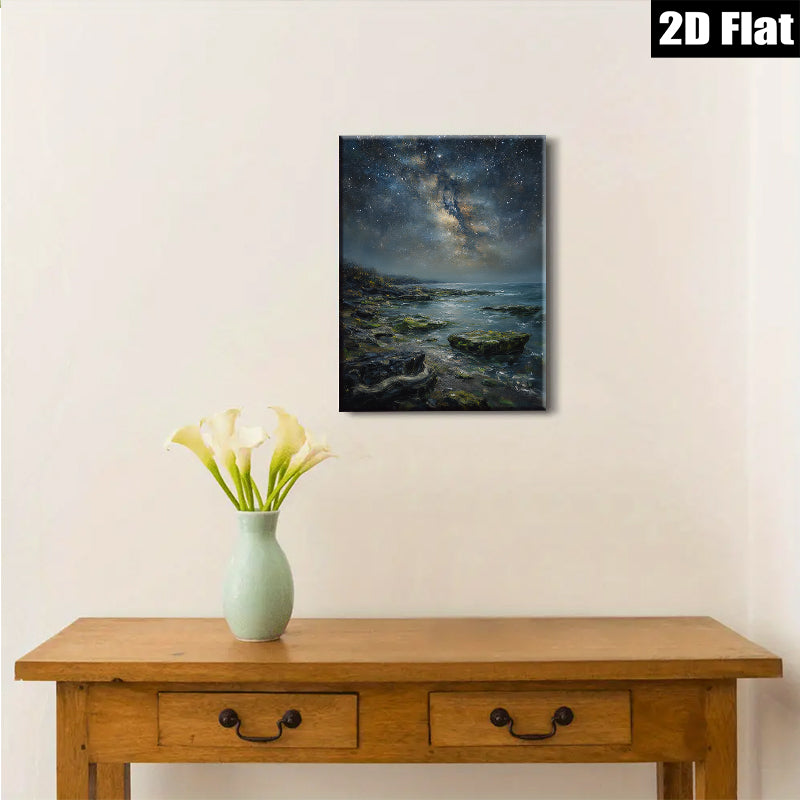 2D flat 1pc Coastal Nightscape Starry Ocean View Wall Art Canvas Prints for Living Room Bedroom Home Decor Modern Farmhouse Style Gallery Wrapped Ready to Hang