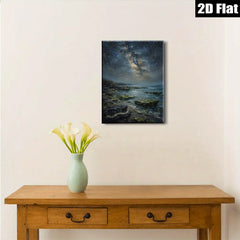 2D flat 1pc Coastal Nightscape Starry Ocean View Wall Art Canvas Prints for Living Room Bedroom Home Decor Modern Farmhouse Style Gallery Wrapped Ready to Hang
