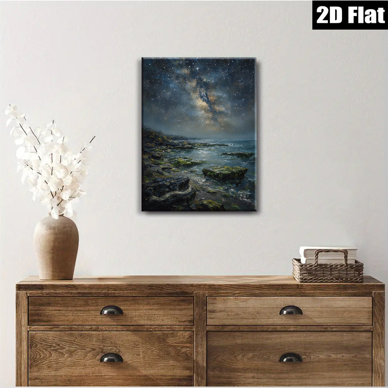 2D flat 1pc Coastal Nightscape Starry Ocean View Wall Art Canvas Prints for Living Room Bedroom Home Decor Modern Farmhouse Style Gallery Wrapped Ready to Hang