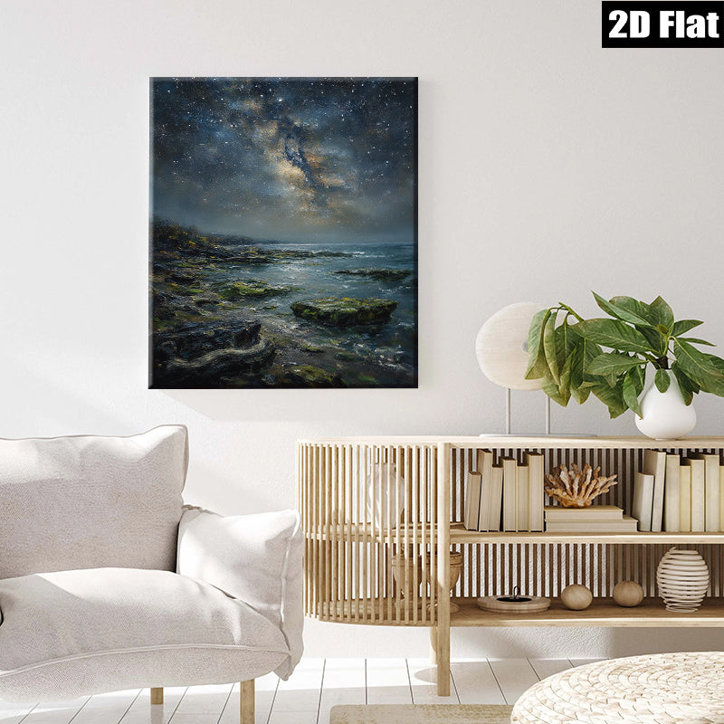 2D flat 1pc Coastal Nightscape Starry Ocean View Wall Art Canvas Prints for Living Room Bedroom Home Decor Modern Farmhouse Style Gallery Wrapped Ready to Hang