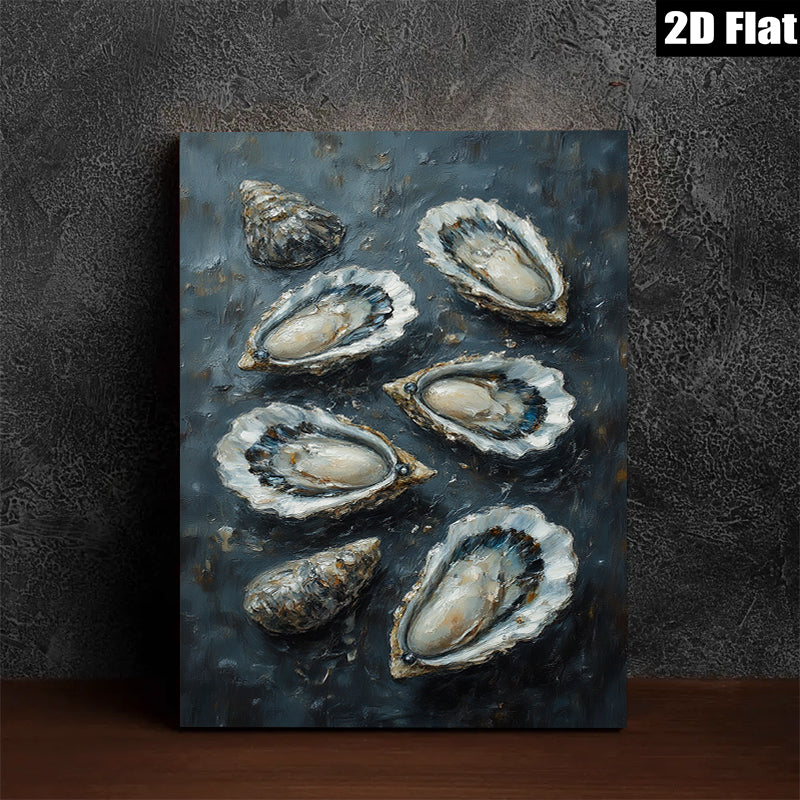2D flat 1pc Coastal Oyster Still Life Painting Beach House Wall Decor Modern Farmhouse Living Room Kitchen Art Gallery Wrapped Canvas Print Textured Artwork