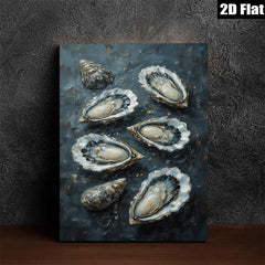 2D flat 1pc Coastal Oyster Still Life Painting Beach House Wall Decor Modern Farmhouse Living Room Kitchen Art Gallery Wrapped Canvas Print Textured Artwork