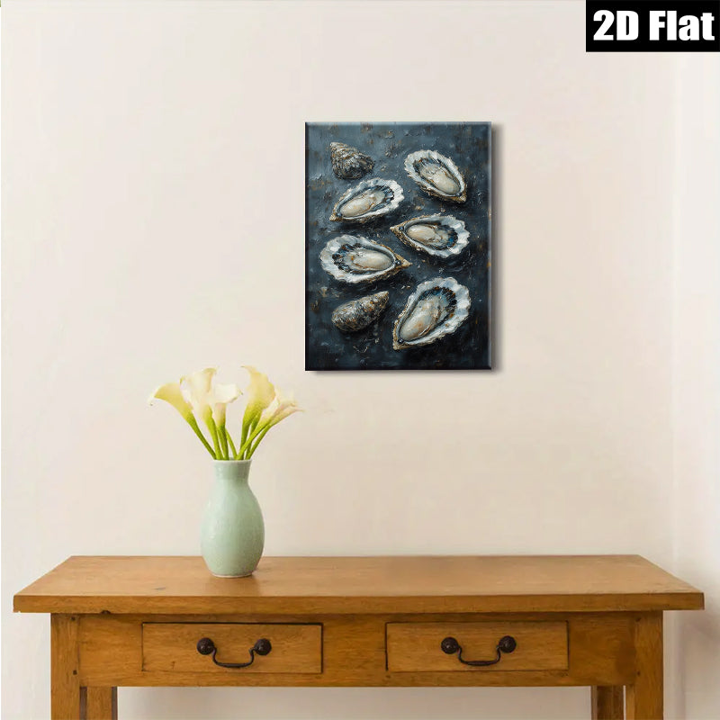 2D flat 1pc Coastal Oyster Still Life Painting Beach House Wall Decor Modern Farmhouse Living Room Kitchen Art Gallery Wrapped Canvas Print Textured Artwork