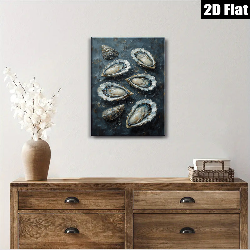 2D flat 1pc Coastal Oyster Still Life Painting Beach House Wall Decor Modern Farmhouse Living Room Kitchen Art Gallery Wrapped Canvas Print Textured Artwork