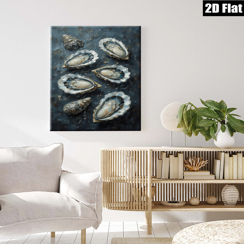 2D flat 1pc Coastal Oyster Still Life Painting Beach House Wall Decor Modern Farmhouse Living Room Kitchen Art Gallery Wrapped Canvas Print Textured Artwork