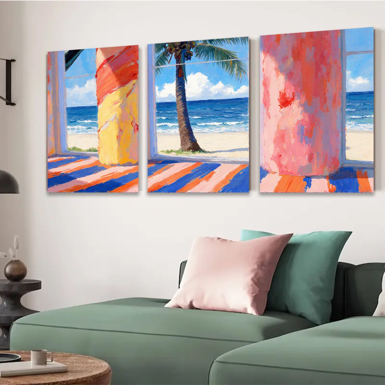 2D flat 1pc Coastal Palm Beach Scene Vibrant Modern Wall Art Living Room Bedroom Decor Farmhouse Style Canvas Prints Home Gallery Wrapped Ready To Hang